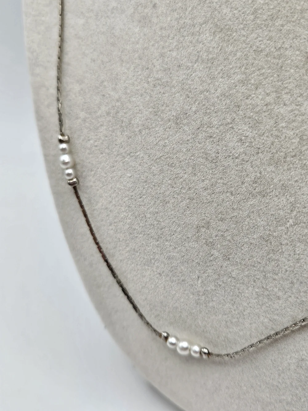 VINTAGE Dainty Silver Tone Faux Pearl Station Strand Necklace Korea